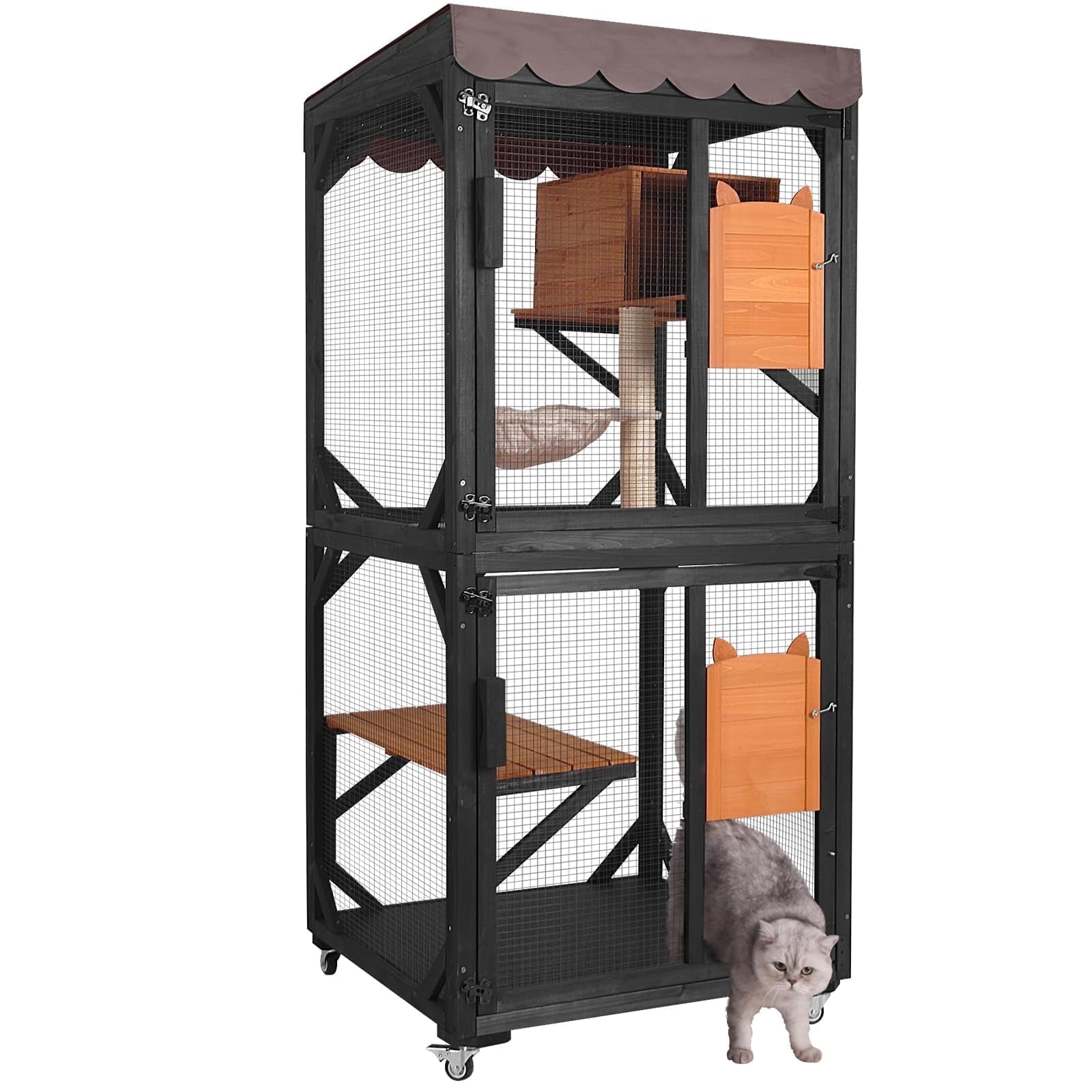 BUTINGLALE Cat House Outdoor Catio on Wheels 70.9" Cat Enclosure Perfect for 3-5 Cats,Waterproof Cover Kitty Shelter