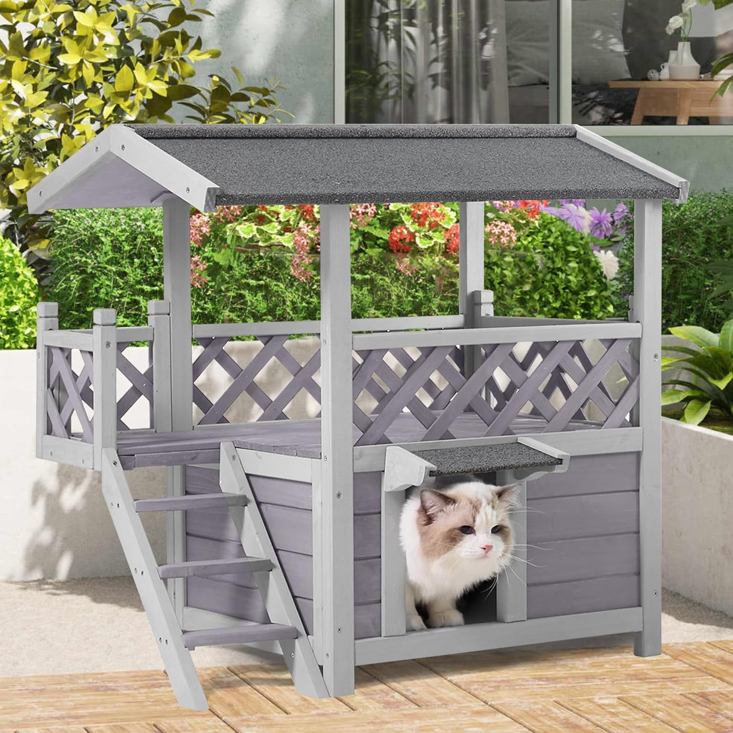 MEDEHOO Cat House Outdoor Weatherproof – 100% Solid Fir with Waterproof Paint, Two-Level Design, All-Weather Protection & Elevated Base – Kitty Shelter for Feral Cats, Indoor/Outdoor Use