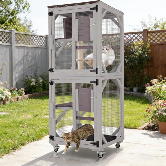 MEDEHOO Catio Outdoor Cat Enclosure - 62.5" Large Walk in Cat Cage on Wheels, Multi-Level Kitty House with Cat Scratching Post, PVC Layer, and Waterproof Roof Gray