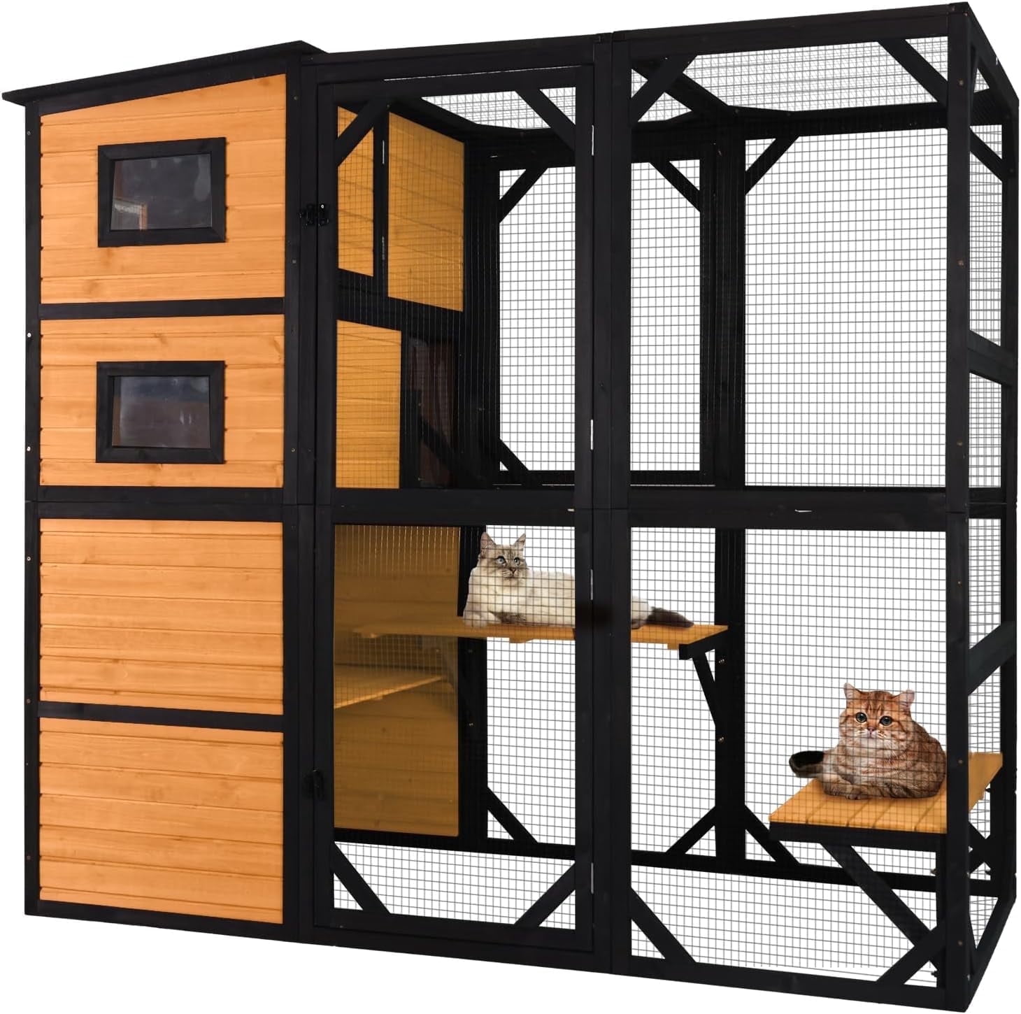Catio Outdoor Cat Enclosure Large Cat Enclosure 4 Tiers Outdoor Cat House Connectable with Window,Brown,77" L