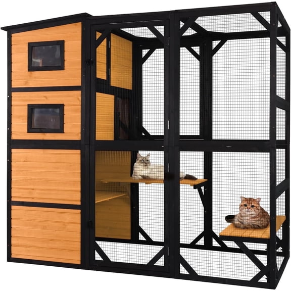 Catio Outdoor Cat Enclosure Large Cat Enclosure 4 Tiers Outdoor Cat House Connectable with Window,Brown,77" L