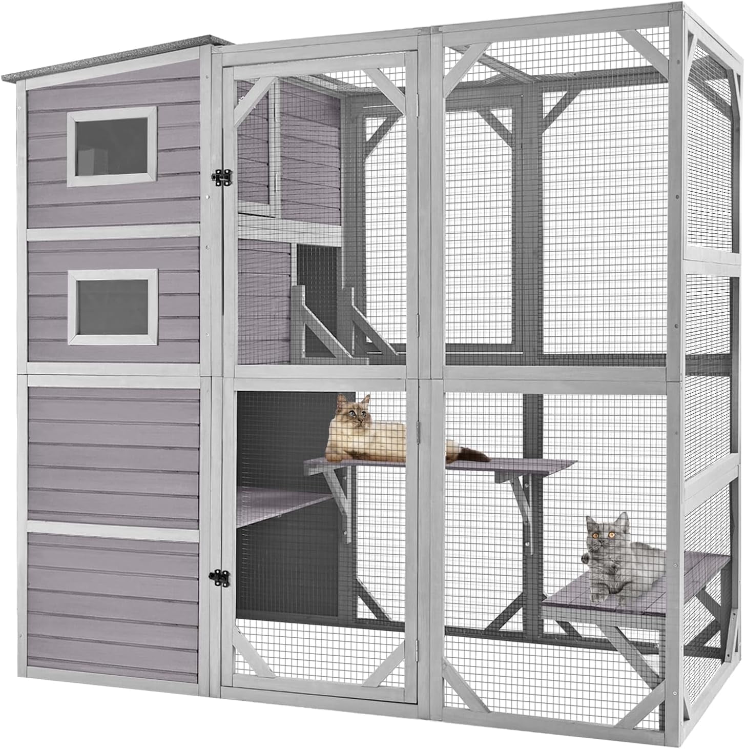 Catio Outdoor Cat Enclosure Large Cat Enclosure 4 Tiers Outdoor Cat House Connectable with Window,Grey,77" L