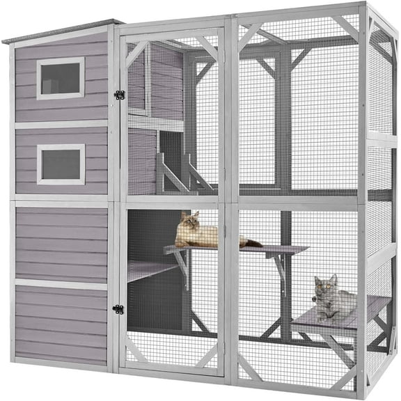 MEDEHOO Catio Outdoor Cat Enclosure Large Cat Enclosure 4 Tiers Outdoor Cat House Connectable with Window,Grey,77" L