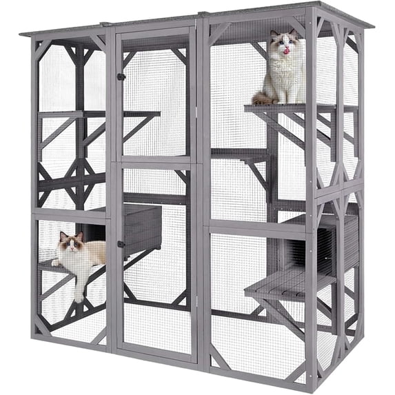 MEDEHOO Catio Outdoor Cat Enclosure Large Walk in Window Cat House for Mulitiple Cats with 7 Platforms and 2 Resting Box,Asphalt Roof,70 inch