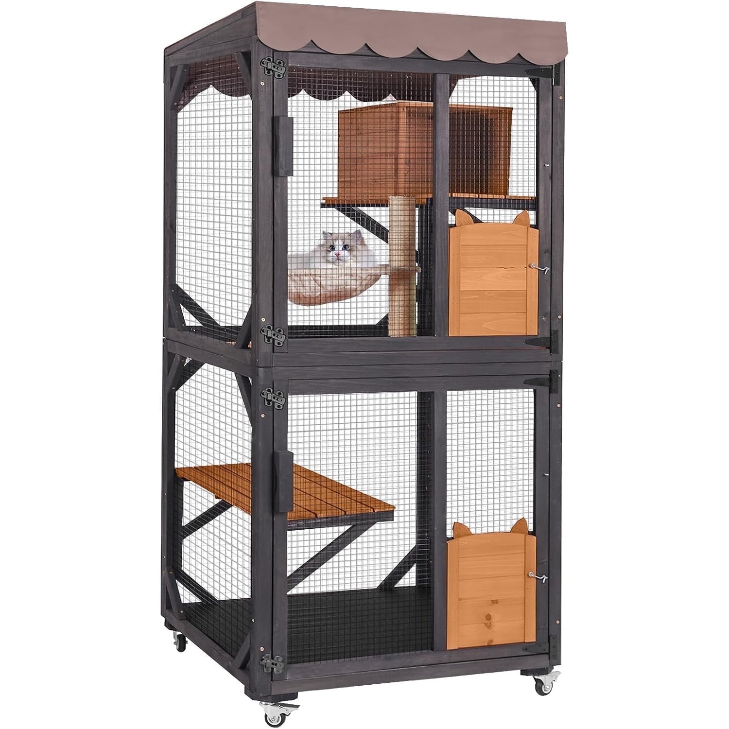 MEDEHOO Catio Outdoor Cat Enclosure Mobile Cat House Indoor On Wheels with Scratch Post,Hammock,Resting Box,Platform,Tarp Roof 71.9"