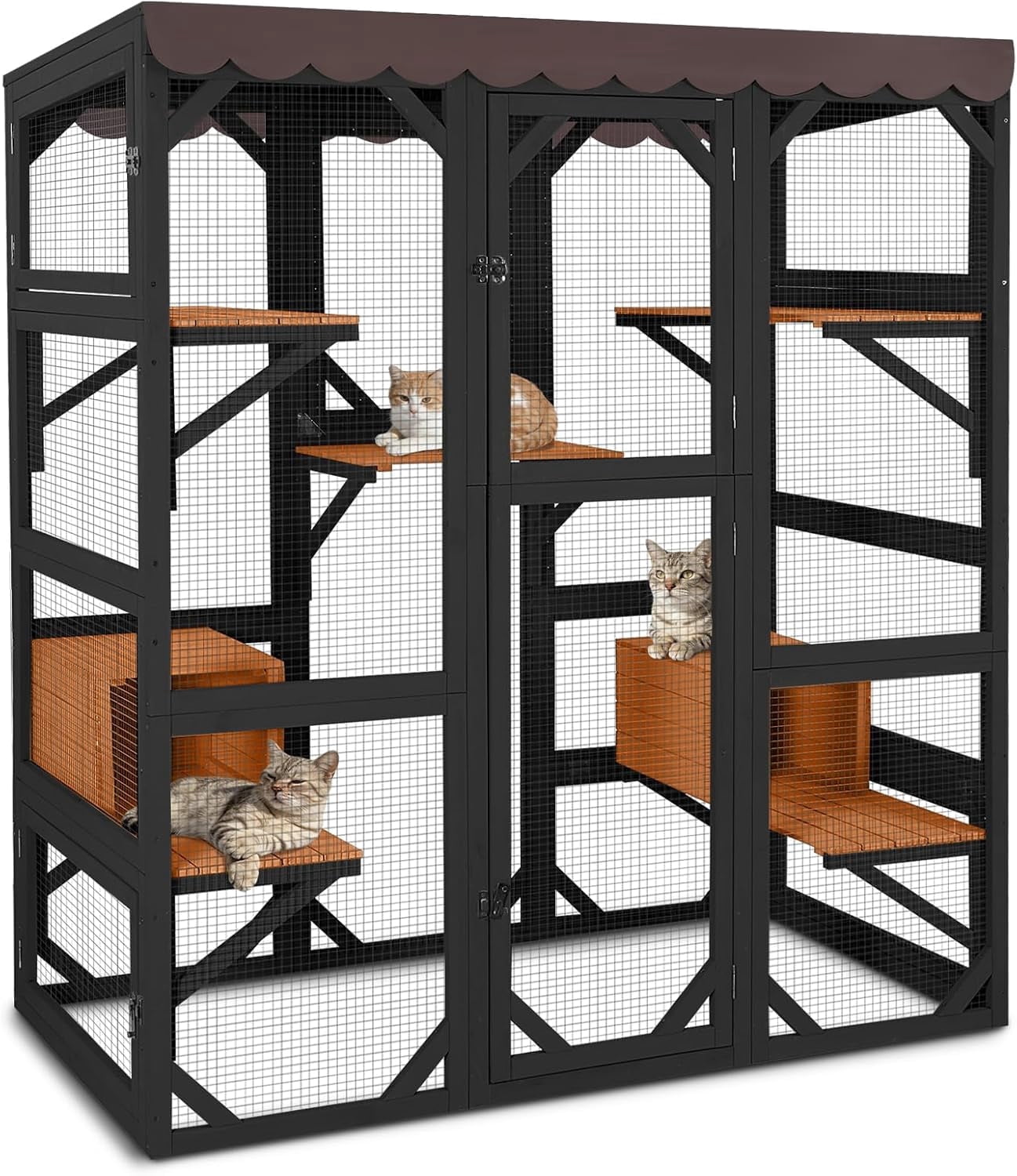 MEDEHOO Catio Outdoor Cat Enclosure with Scratch Post, Hammock, Large Window Cat House for 2-6 Mulitiple Cats Walk in Kitty Cage with Tarp Roof 70" Black