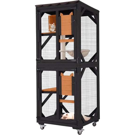 MEDEHOO Catio Outdoor Cat Enclosure Wooden Cat Cage with Window Access Large Kitty House on Wheels 62.4’’ Indoor Patio Black