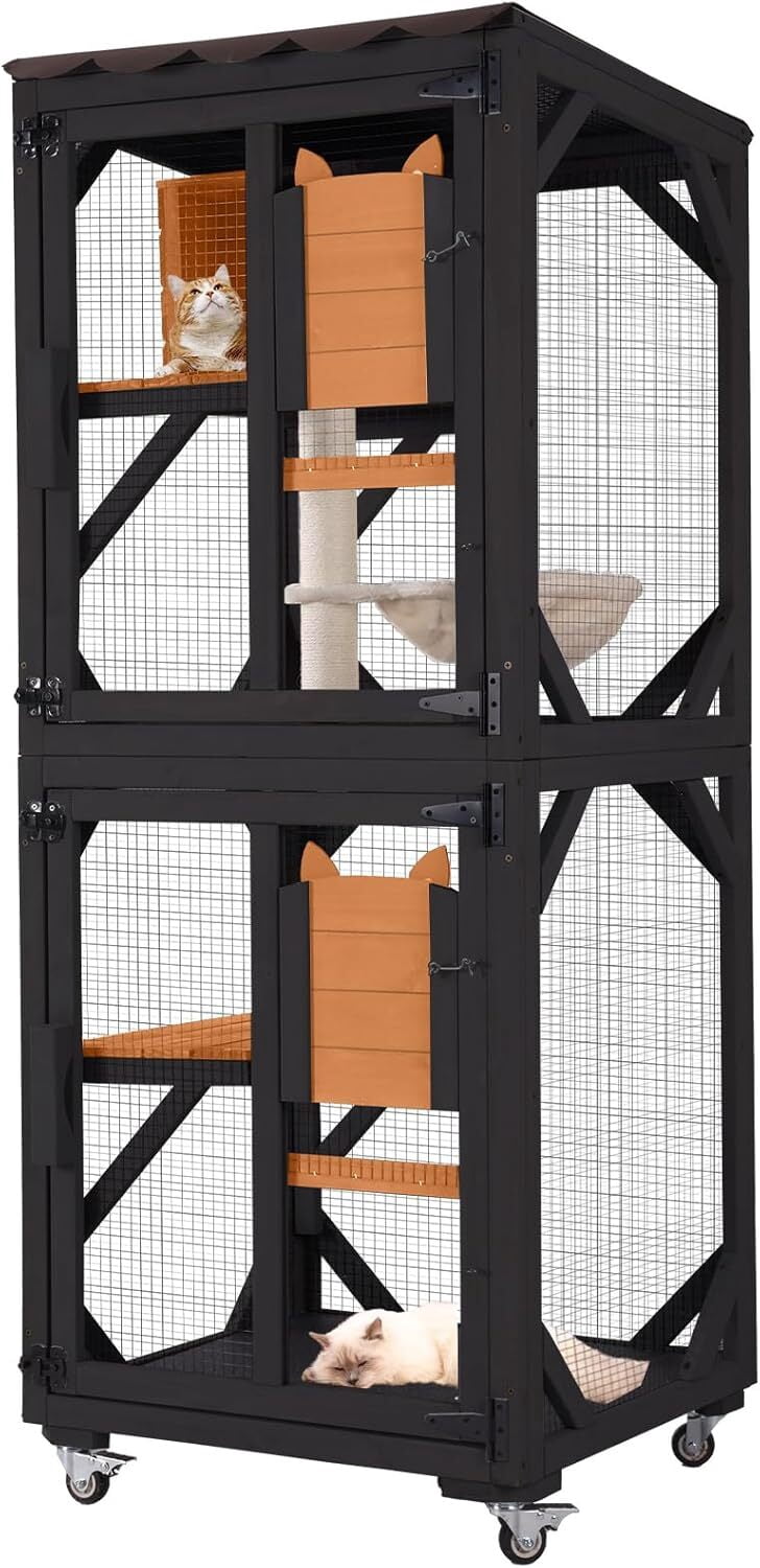 MEDEHOO Catio Outdoor Cat Enclosure Wooden Cat Cage with Window Access Large Kitty House on Wheels 62.4’’ Indoor Patio Black