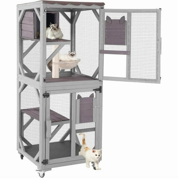 MEDEHOO Catio Outdoor Cat Enclosure on Wheels, Outdoor Cat House with Resting Box, PVC Layer, Waterproof Roof, 62.5"
