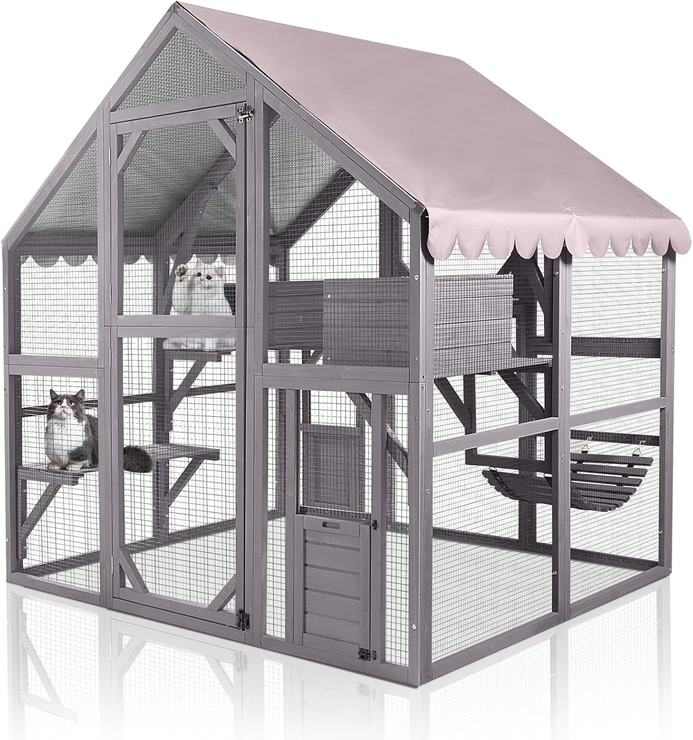 BUTINGLALE Catio Outdoor Cat Enclosures Wooden Cat House with Rest Houses, Platforms, Bridge, and Waterproof UV Cover - 55" D