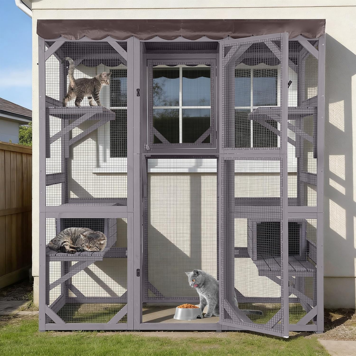 MEDEHOO Catio Cat Enclosure Large Window Cat House for Outdoor Cats, Walk-in Kitty Cage with Tarp Roof, 7 Platforms, 2 Resting Boxes, Indestructible Feral Cat Shelter for Backyard - Grey