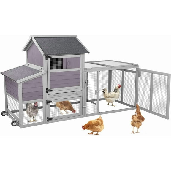 MEDEHOO Chicken Coop 78" Mobile Hen House on Wheeks Outdoor Poultry Cage with Run Duck Coop Waterproof Roof,Large