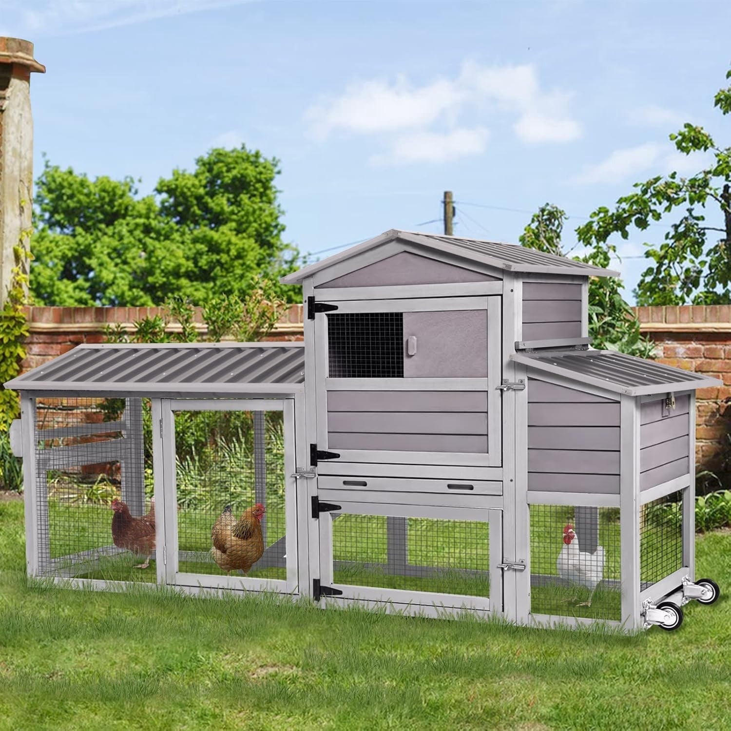 MEDEHOO Chicken Coop 80in Mobile Chicken House with Run Portable Wooden Poultry Cage with Nesting Box Rabbit Hutch on Wheels,Movable