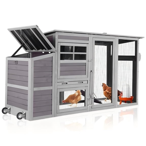 MEDEHOO Chicken Coop with Wheels Mobile Large Hen House for 4-6 Chickens with Reinforced Nesting Box, Large Run, Metal Tray, Easy Rolling & Easy Cleanning, 74.9"