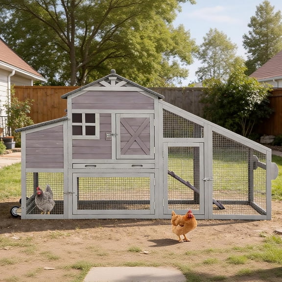 MEDEHOO Large Chicken Coop with Run and Wheels, Wooden Hen House with Nesting Box and Waterproof Roof Rabbit Hutch Outdoor, Chicken Tractor for 4 Chicken (Gray)