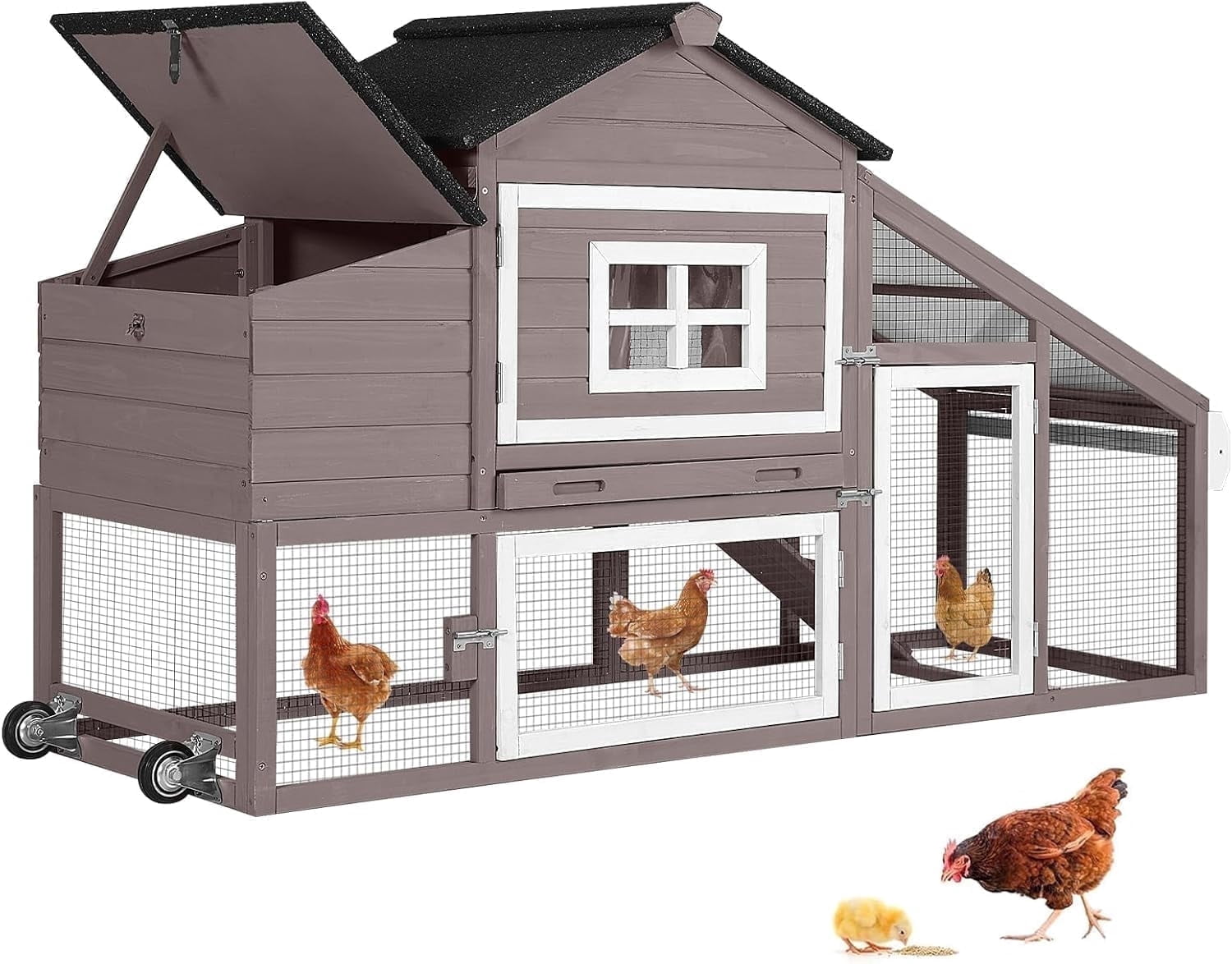 Chicken Coop Mobile Chicken House On Wheel Outdoor Rabbit Hutch for 2-4 Chickens 67"(Brown)