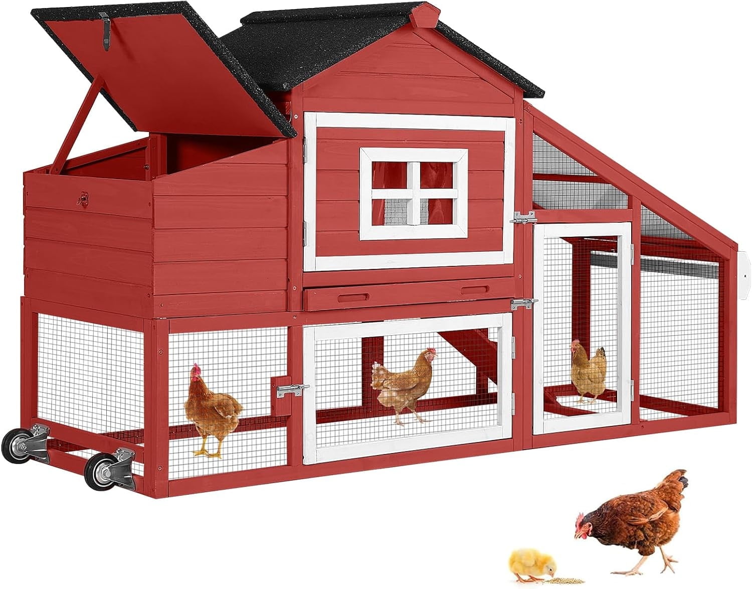 MEDEHOO Chicken Coop Mobile Chicken House On Wheel Outdoor Rabbit Hutch for 2-4 Chickens 67"(Red)