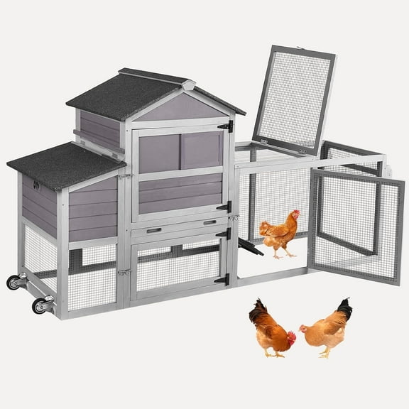 MEDEHOO Chicken Coop Mobile Chicken House Outdoor, Expandable Hen House with Wheels, Nesting Box, Leakproof Pull-on Tray and UV-Resistant Roof Panel (Grey)