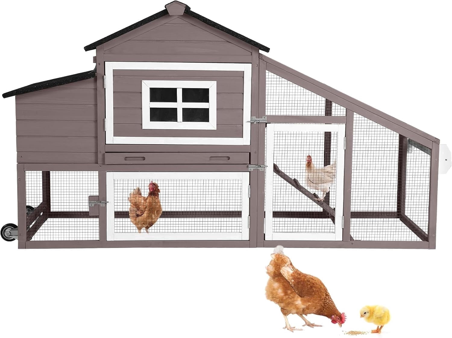 MEDEHOO Chicken Coop, Mobile Chicken House with with Wheel, Outdoor Hen House Poultry Cage with Nesting Box, Leakproof Pull Out Tray and UV-Resistant Roof (Brown)