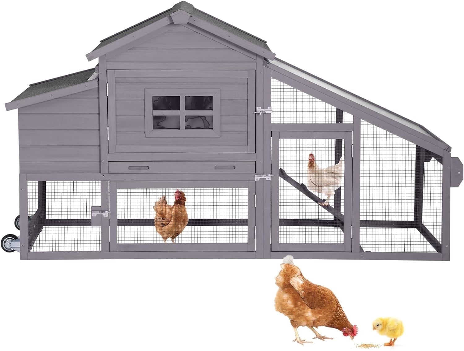 MEDEHOO Chicken Coop, Mobile Chicken House with with Wheels, Outdoor Hen House Poultry Cage with Nesting Box, Leakproof Pull Out Tray and UV-Resistant Roof (Grey)