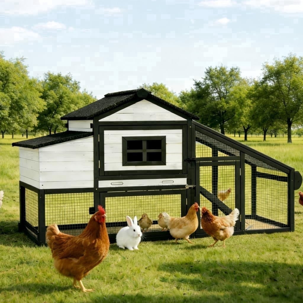 MEDEHOO Chicken Coop, Mobile Chicken House with with Wheels, Outdoor Hen House Poultry Cage with Nesting Box, Leakproof Pull Out Tray and UV-Resistant Roof,Rabbit Hutch Duck Coop (Black)