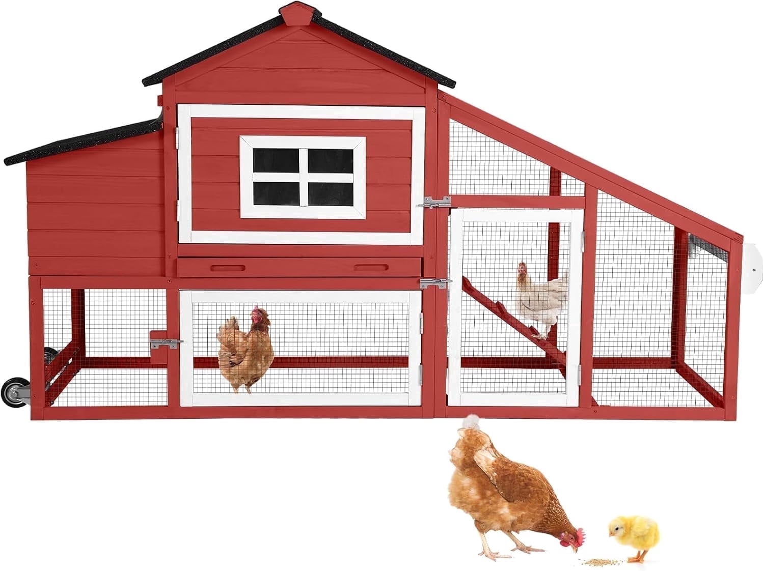 MEDEHOO Chicken Coop, Mobile Chicken House with with Wheels, Outdoor Hen House Poultry Cage with Nesting Box, Leakproof Pull Out Tray and UV-Resistant Roof,Rabbit Hutch Duck Coop (Red)