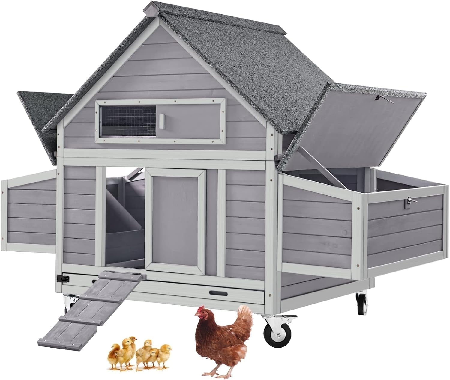 MEDEHOOChicken Coop Movable Large Duck Cage On Wheels Outdoor Rabbit Hutch Wooden Hen House with Two Nesting Boxes