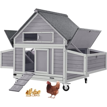 MEDEHOOChicken Coop Movable Large Duck Cage On Wheels Outdoor Rabbit Hutch Wooden Hen House with Two Nesting Boxes