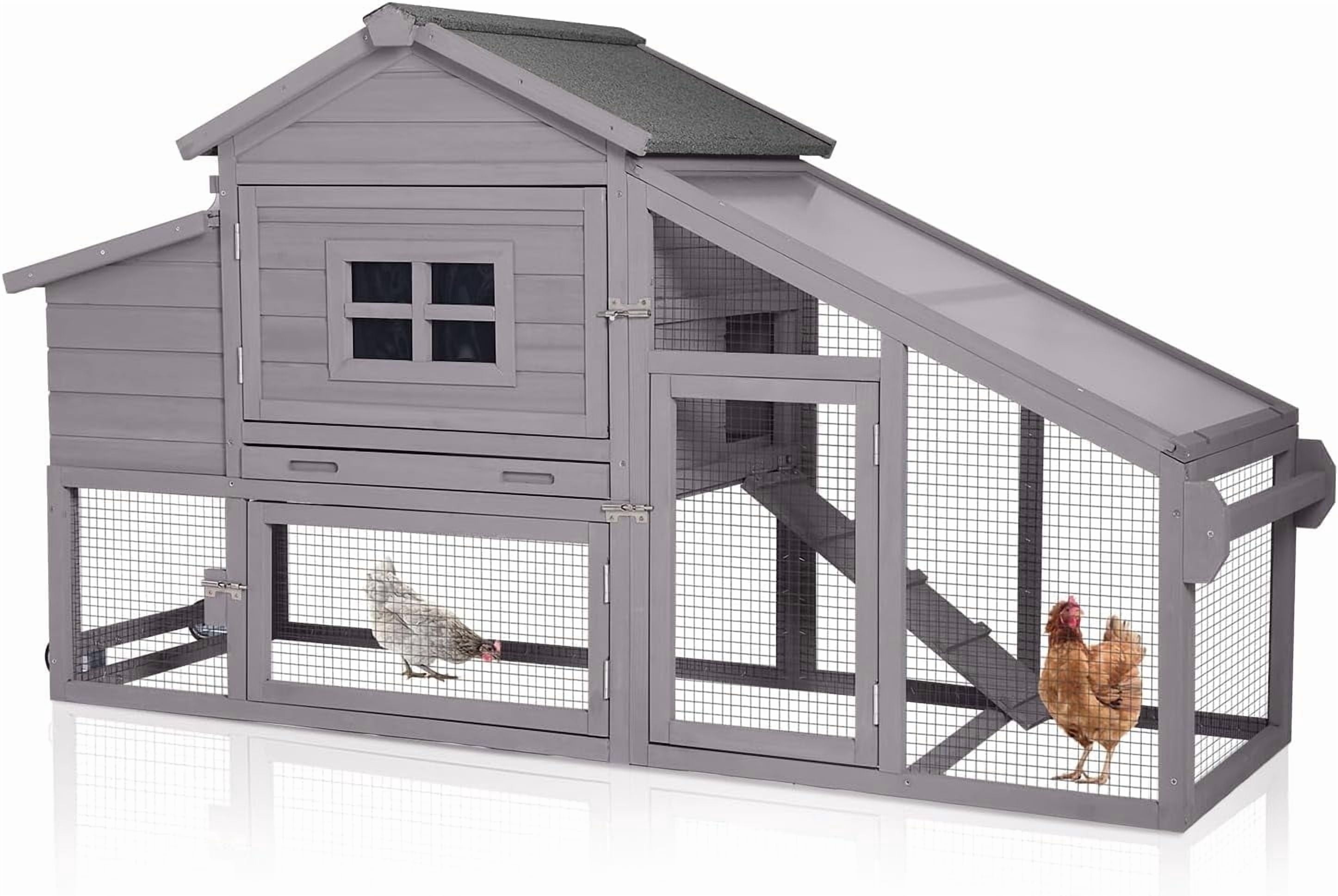 MEDEHOO Chicken Coop on Wheels, Mobile Chicken House, Wooden Hen Houses, Outdoor Rabbit Hutch, for 2-4 Chickens 67" (Gray)