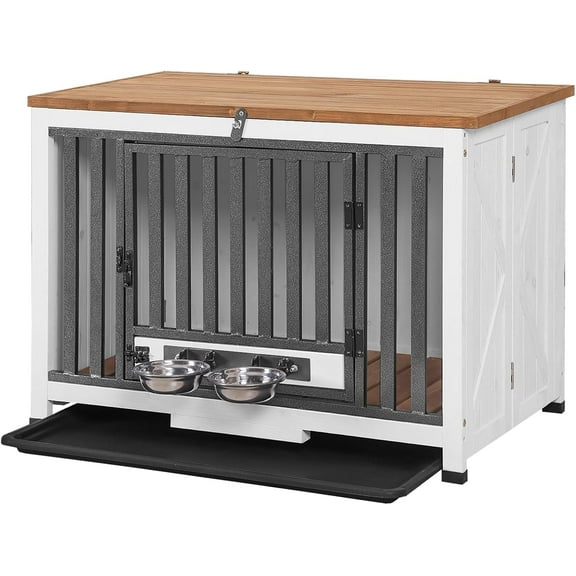 MEDEHOO Dog Crate Furniture for 2 Small Medium Dogs XL Dog Kennel Indoor End Table Wooden Foldable Dog Cage 39.4" Dog House with Adjustable Bowls,Door