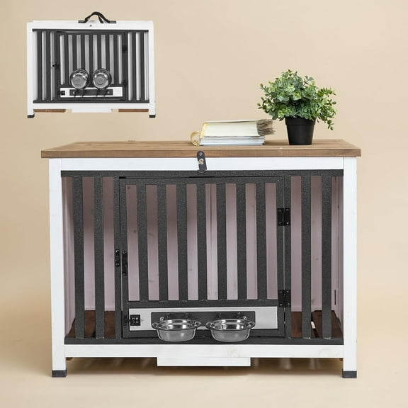 BUTINGLALE Dog Crate for Medium Dogs Foldable Dog Kennel Indoor with 360°Rotatable Removable Dog Bowls Foldable Indoor Cage for Dogs, No Assembly Needed, White