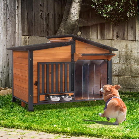 MEDEHOO Dog House Outdoor with Bowls Weatherproof Dog Kennel with Anti-Chewing Iron Frame Dog Shelter for Small Medium Dogs