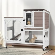 MEDEHOO Duplex Rabbit Hutch Indoor with Chew-Proof Frame & 2 Leak-Proof Sliding Trays, Rain Cover, Wooden Guinea Pig Cages with Wheels - Brown