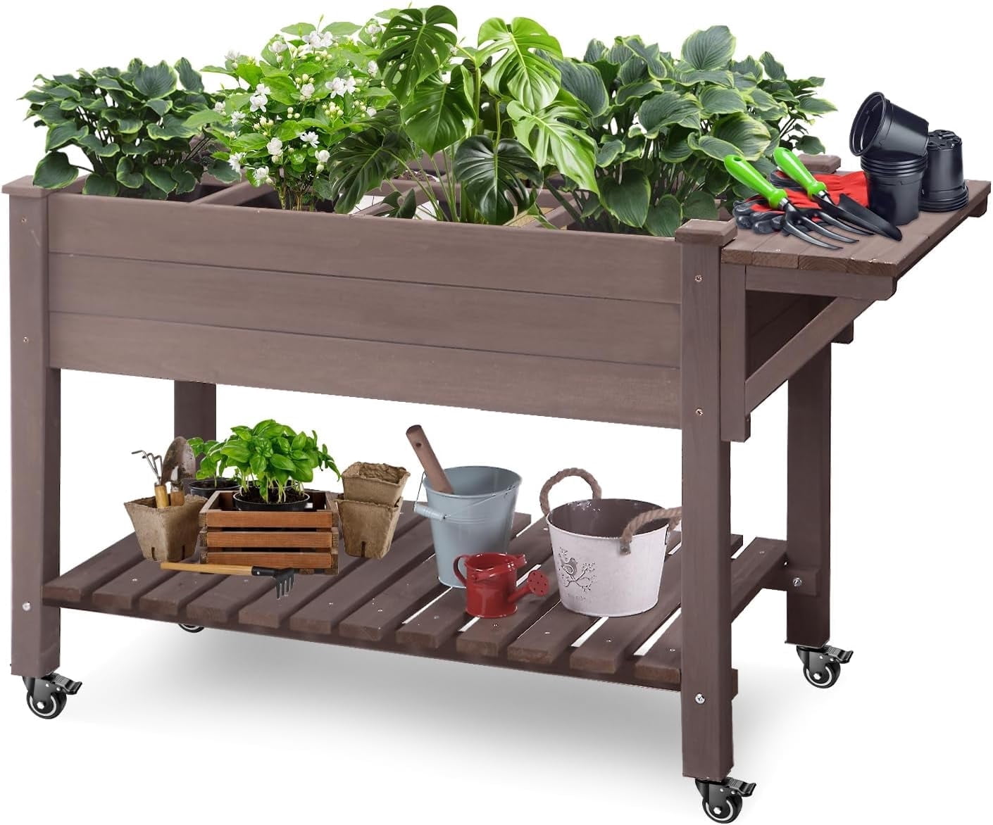 MEDEHOO Elevated Wooden Planter Box with Locking Casters - 52.7" L x 22" W x 30" H Raised Garden Bed, Removable Liner & 230lb Weight Capacity for Outdoor Plants