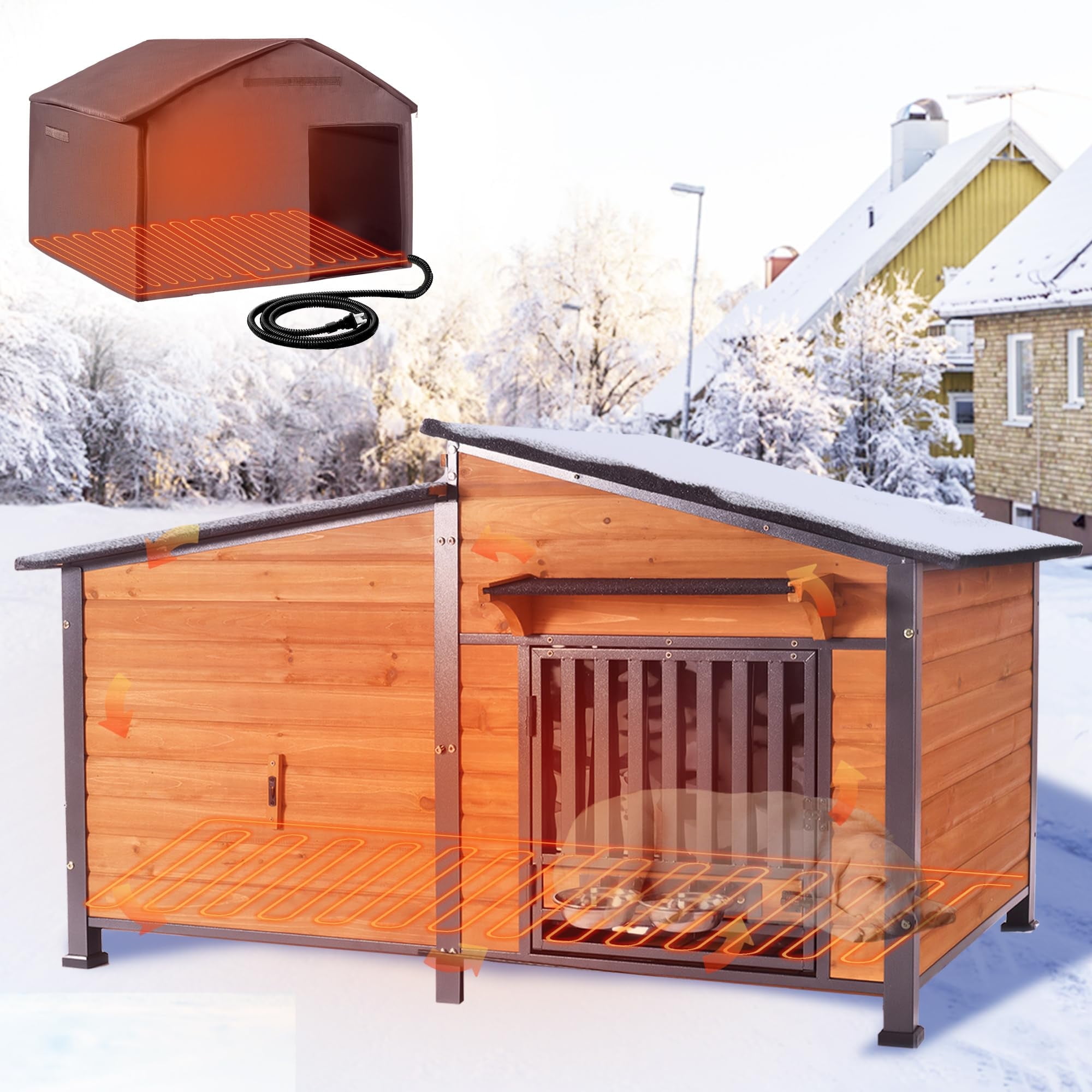 MEDEHOO Extra Large Heated Dog House Outdoor with Chew-Proof Iron Frame, Waterproof Dog Kennel with Smart Heating Pad, 360° Rotating Feeding Bowl, for Large Dog Breeds