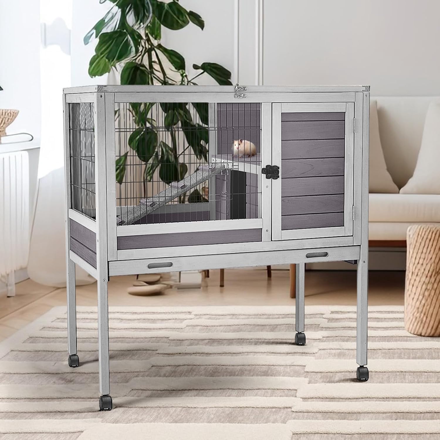 BUTINGLALE Guinea Pig Cage with Wooden Stand,Indoor Rabbit Hutch with 2 Stories, Hamster Cage with Anti Chew Ramp, Hideout, Platform, Pull Out Tray (Grey+Wheel)