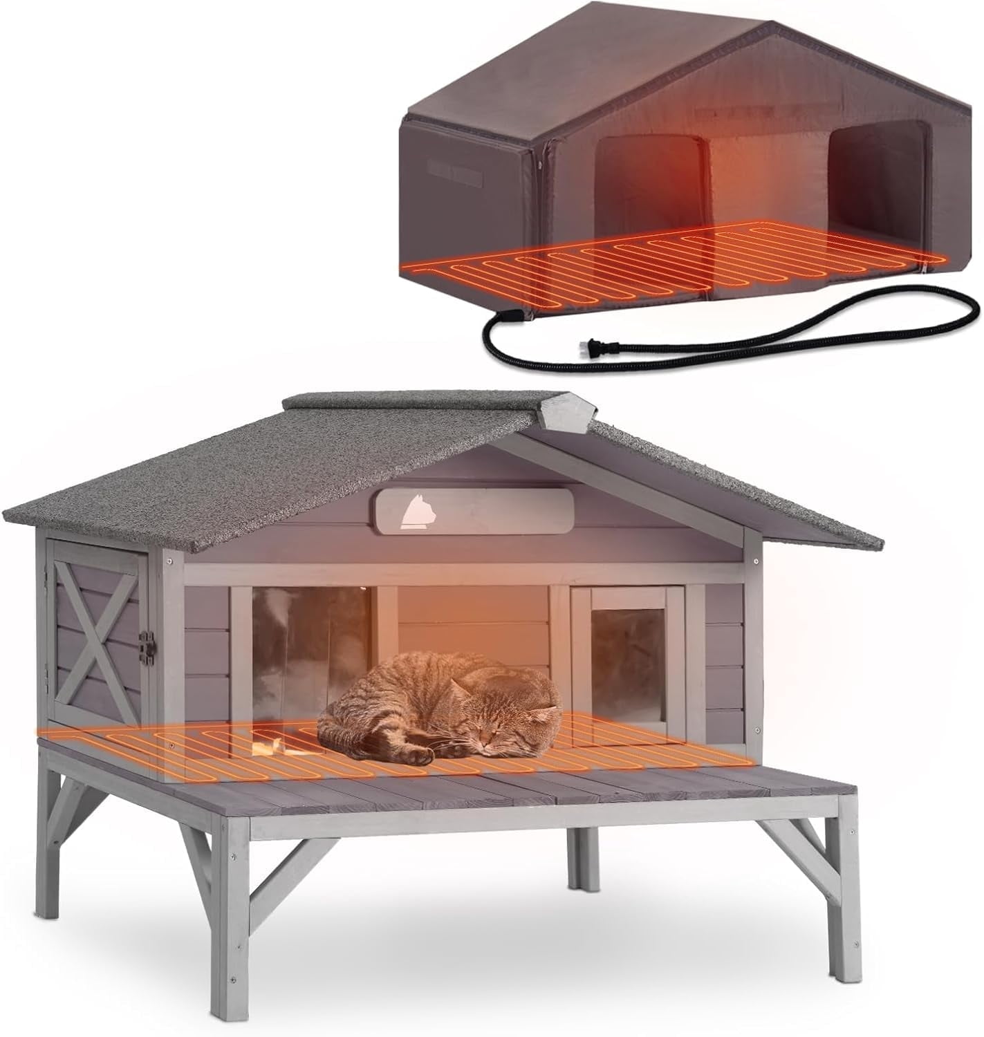 MEDEHOO Heated Cat House Large Insulated Cat House Outdoor Weatherproof Feral Cat Shelter with Heated Pad, Insulated All-Round Thermal Liner for 1-4 Cats (Winter-Ready)
