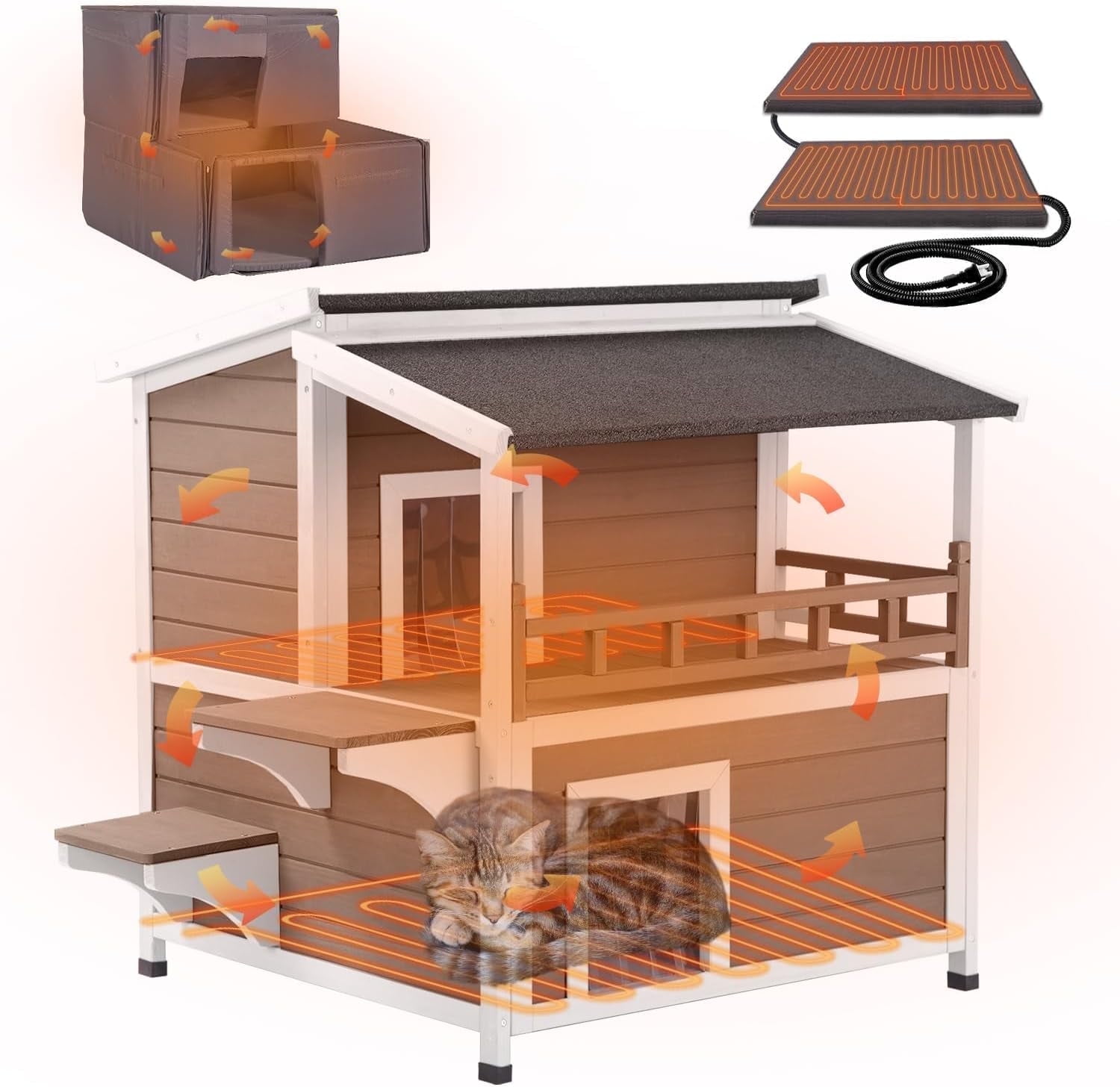 MEDEHOO Heated Cat House Outdoor 2 Story Insulated Liner Feral Cat Shelter Weatherproof for Outside with Heated Pad（Brown）