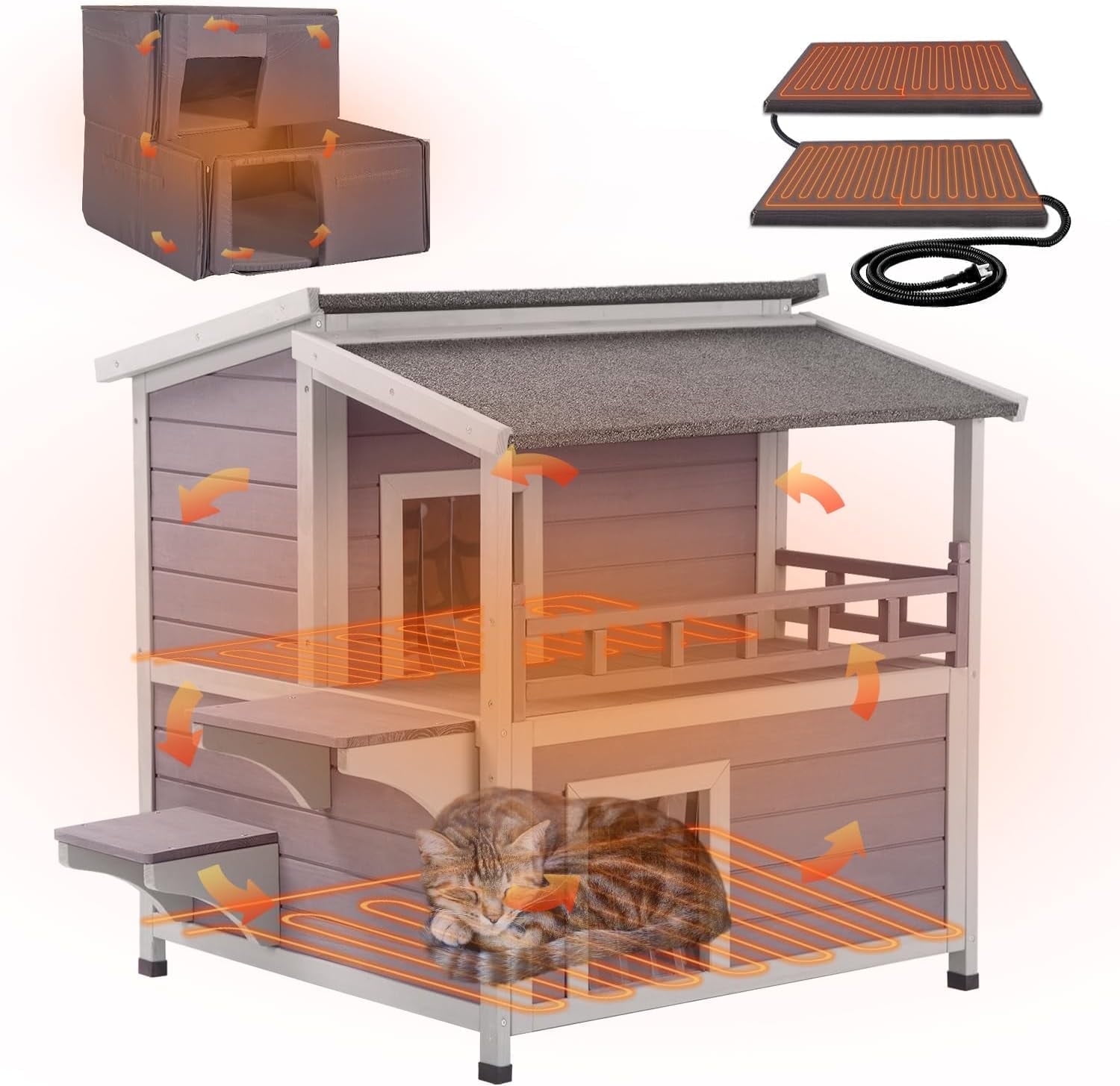 MEDEHOO Heated Cat House Outdoor 2 Story Insulated Liner Feral Cat Shelter Weatherproof for Outside with Heated Pad（Grey