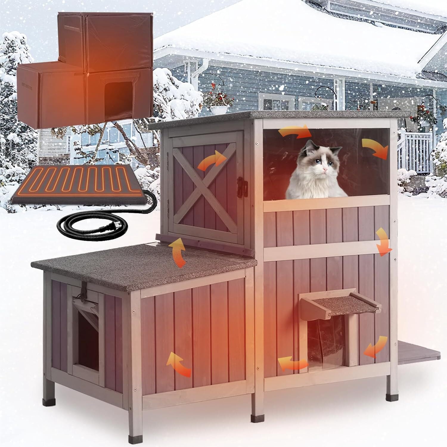 MEDEHOO Heated Cat House Outdoor Insulated Cat Cage with Heating Pad for Winter, Feral Kitty Shelter Waterproof Roof,23" D x 44" W x 34.5" H