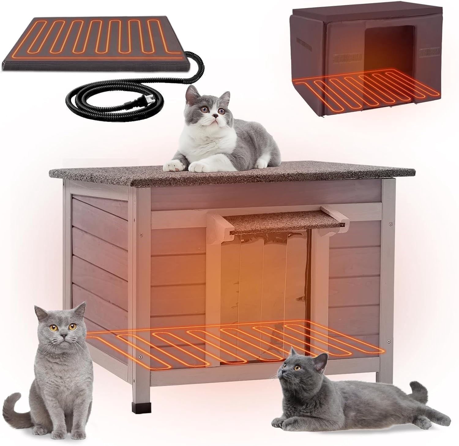 MEDEHOO Heated Cat House Outdoor Insulated Cat House for Outside Weatherproof Feral Cat Shelter with Heated Pad, Insulated Thermal Liner, Chewproof Cable for Cats (Winter-Ready)
