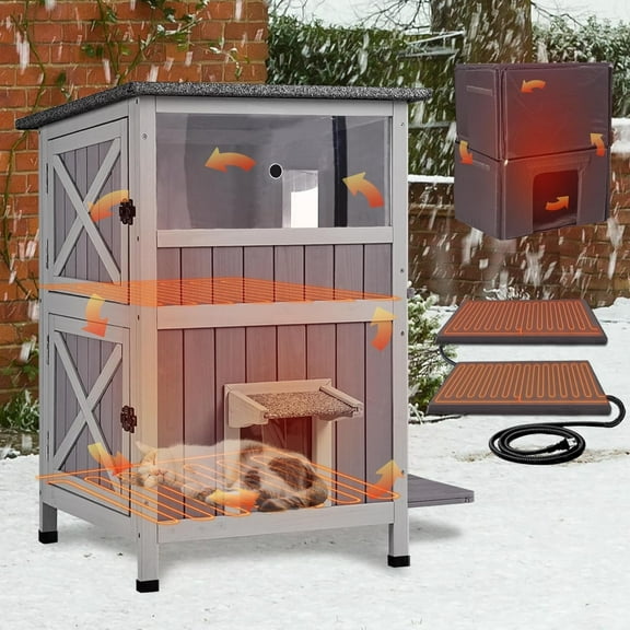 MEDEHOO Heated Cat House for Outside, 2-Story Outdoor Cat House Insulated with Electric Heating Blanket, Waterproof Wooden Cat Shelter with Bite-Resistant Wires