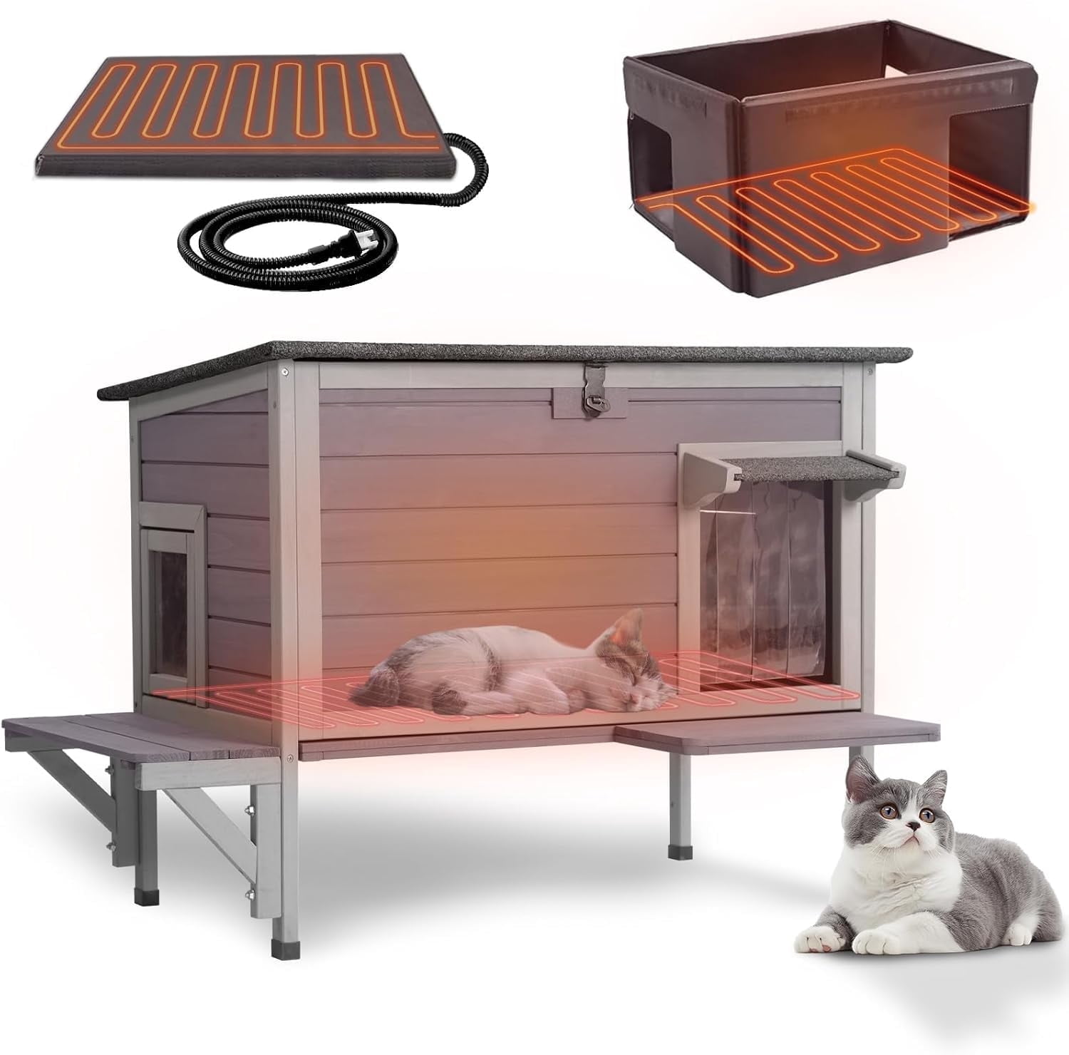 MEDEHOO Heated Cat House for Outside Insulated Outdoor Cat House Weatherproof Feral Cat Shelter with Cat Heated Pad, All-Round Thermal Liner, Secure Escape Doors for 1-3 Cats