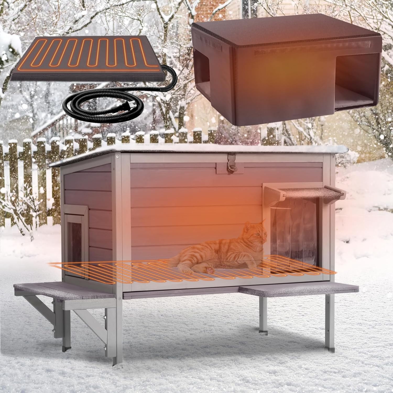 MEDEHOO Heated Cat House for Outside Insulated in Winter, Weatherproof Outdoor Cat Shelter for Feral Cats, Kitten Cage with Heating Pad and Insulated Liner