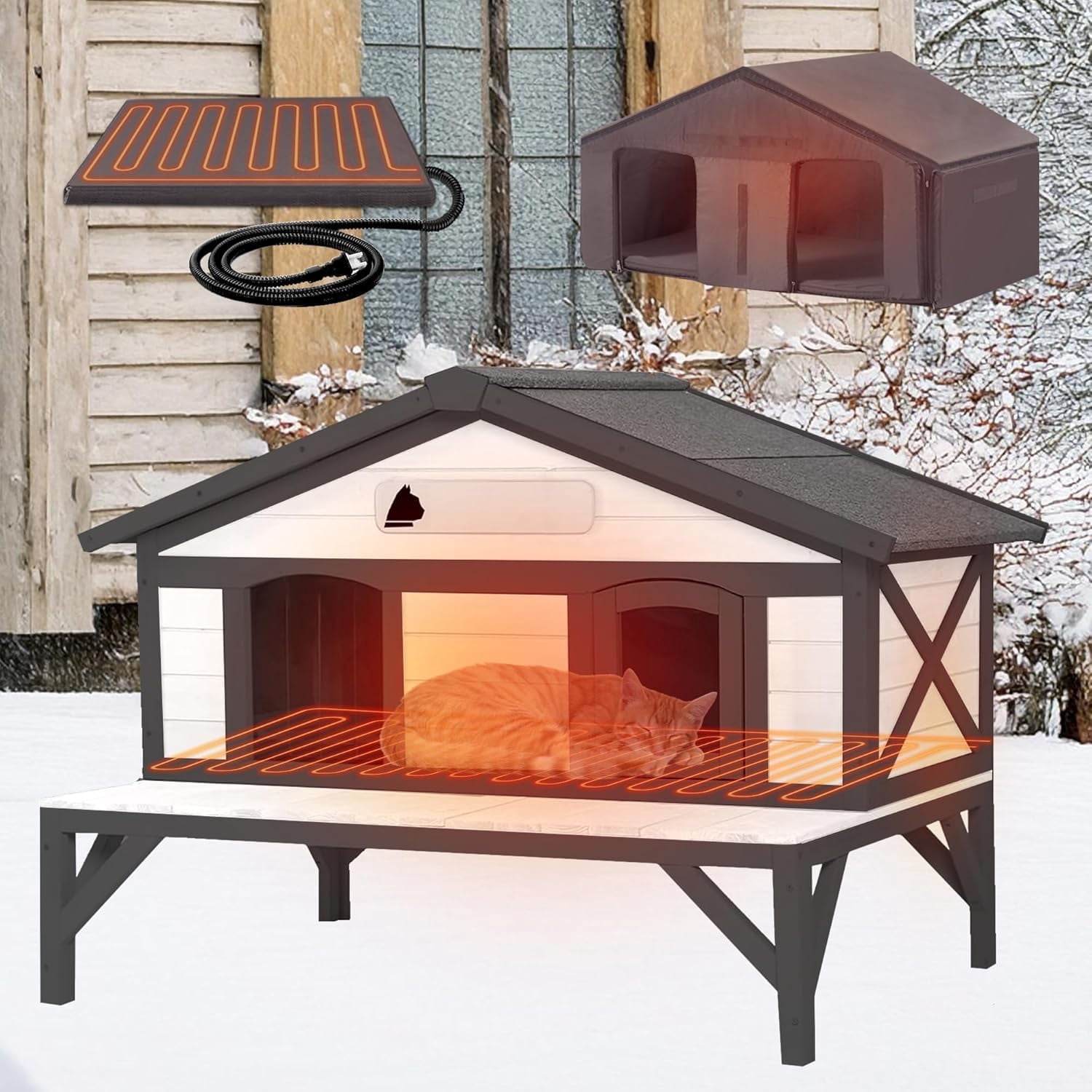 MEDEHOO Heated Cat House for Outside, Outdoor Cat House Weatherproof Insulated Feral Cat Shelter with Anti-Chewing Electric Heating Pad, Elevated Base & DIY Nameplate, 43.5" L(Black and White)