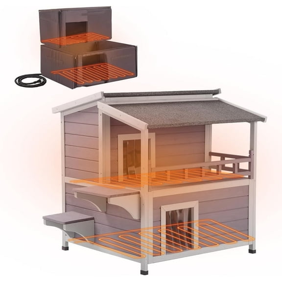 MEDEHOO Heated Cat House for Outside, 2-Story Wooden Cat House Weatherproof for Winter Outdoor Feral Cat Shelter with Heater and Insulated Liner