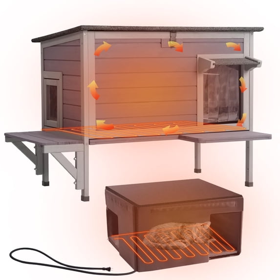 MEDEHOO Heated Cat House for Outside Cats Winter, 100% Waterproof Insulated Outdoor Cat Shelter with Heater & Insulated Liner