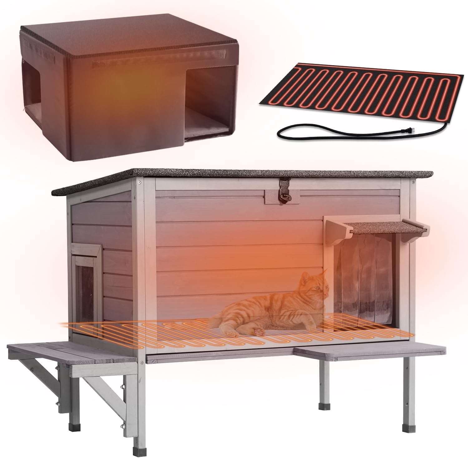 Aivituvin  Heated Cat House with Anti-Chewing Cable Insulated Cat House Outdoor Weatherproof with Liner Feral Cats Shelter with Heater