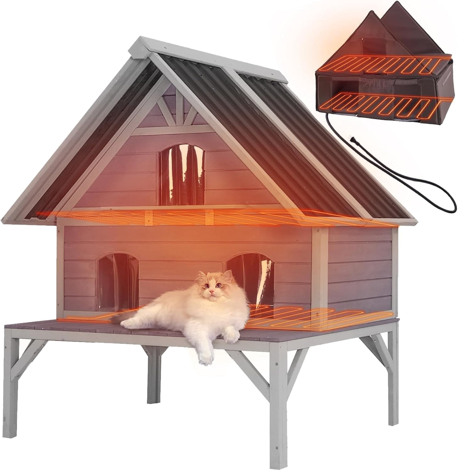 MEDEHOO Heated Cat House with Heater, Indoor/Outdoor Pet Shelter with Insulated Liner Keep Warm in Winter,Raise Legs with Large Platforms