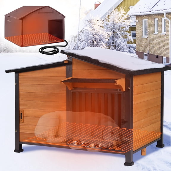 MEDEHOO Heated Dog House Outdoor with Electric Heating Pad, Insulated Wooden Dog Kennel with 360° Rotating Feeding Bowl, Anti-Chewing Metal Frame, Natural Wood Color